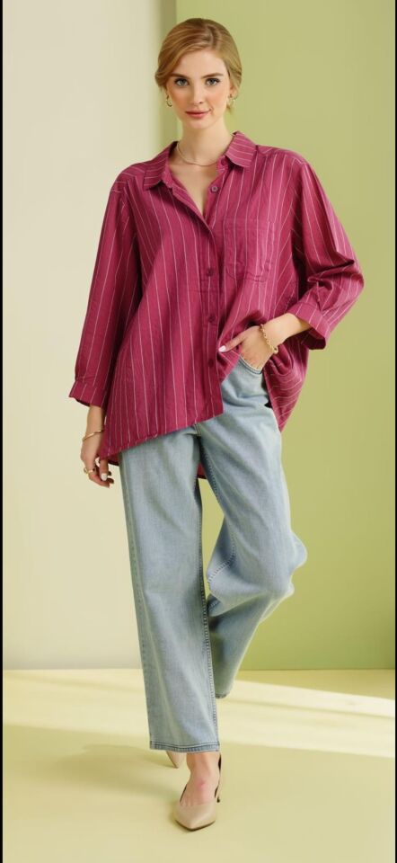 Beyaz Çizgili Bordo Gömlek