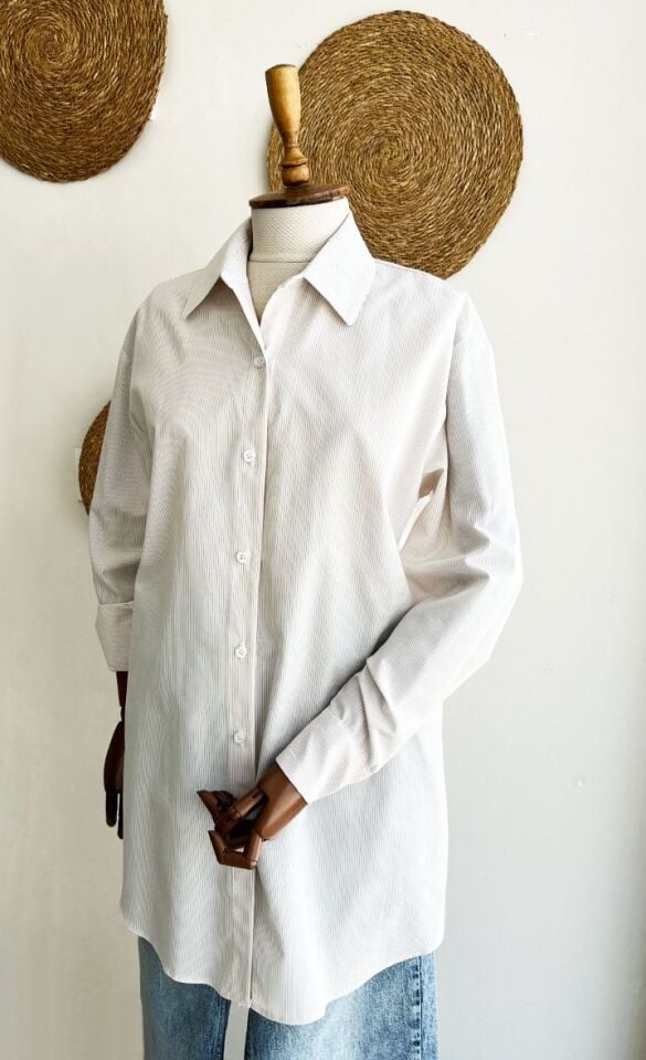 Krem Çizgili Klasik Gömlek
