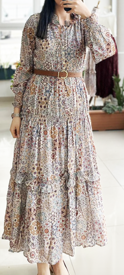 Karışık Desenli Gipeli Elbise