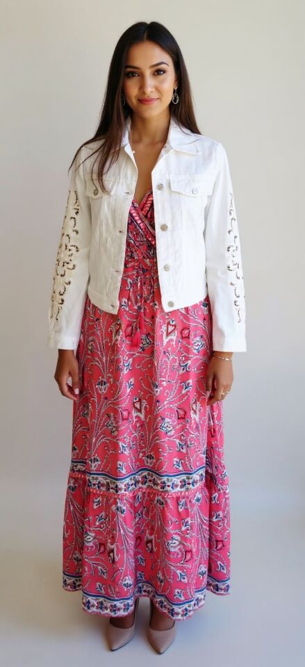 Beyaz İşleme Detaylı Denim Ceket