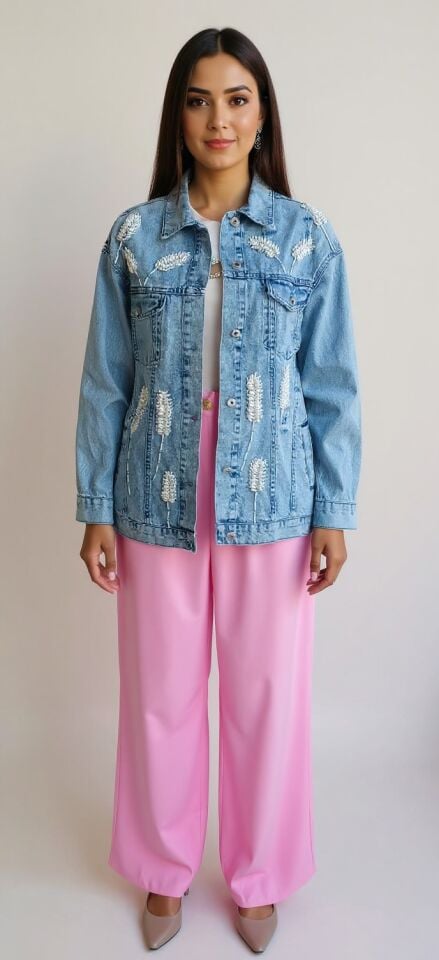 İnci İşlemeli Denim Ceket