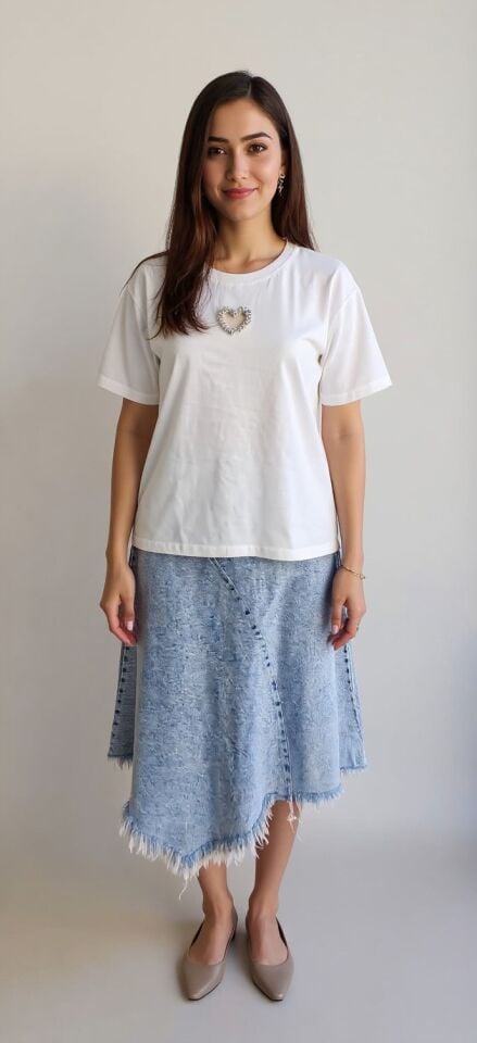 Püsküllü Asimetrik Denim Etek